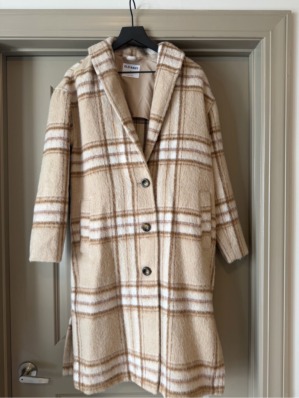 Old Navy Beige and Cream Plaid Hooded Trench Coat